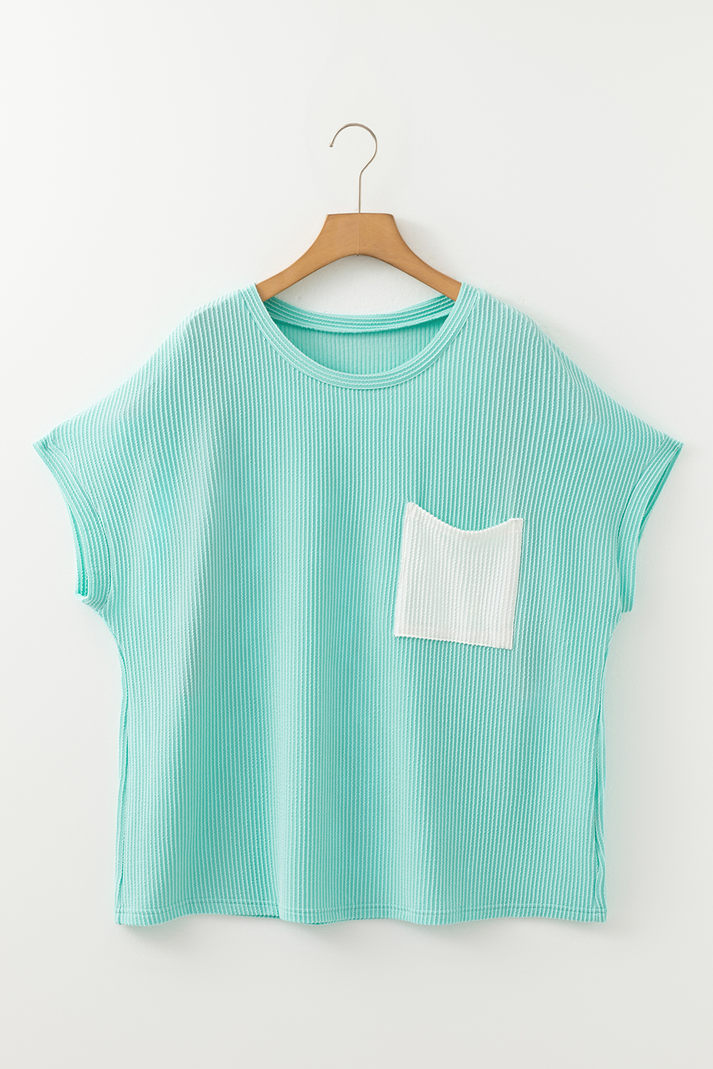 Plus Size Light Blue Twisted Rib Contrast Pocket Knit Crew Neck  T Shirt