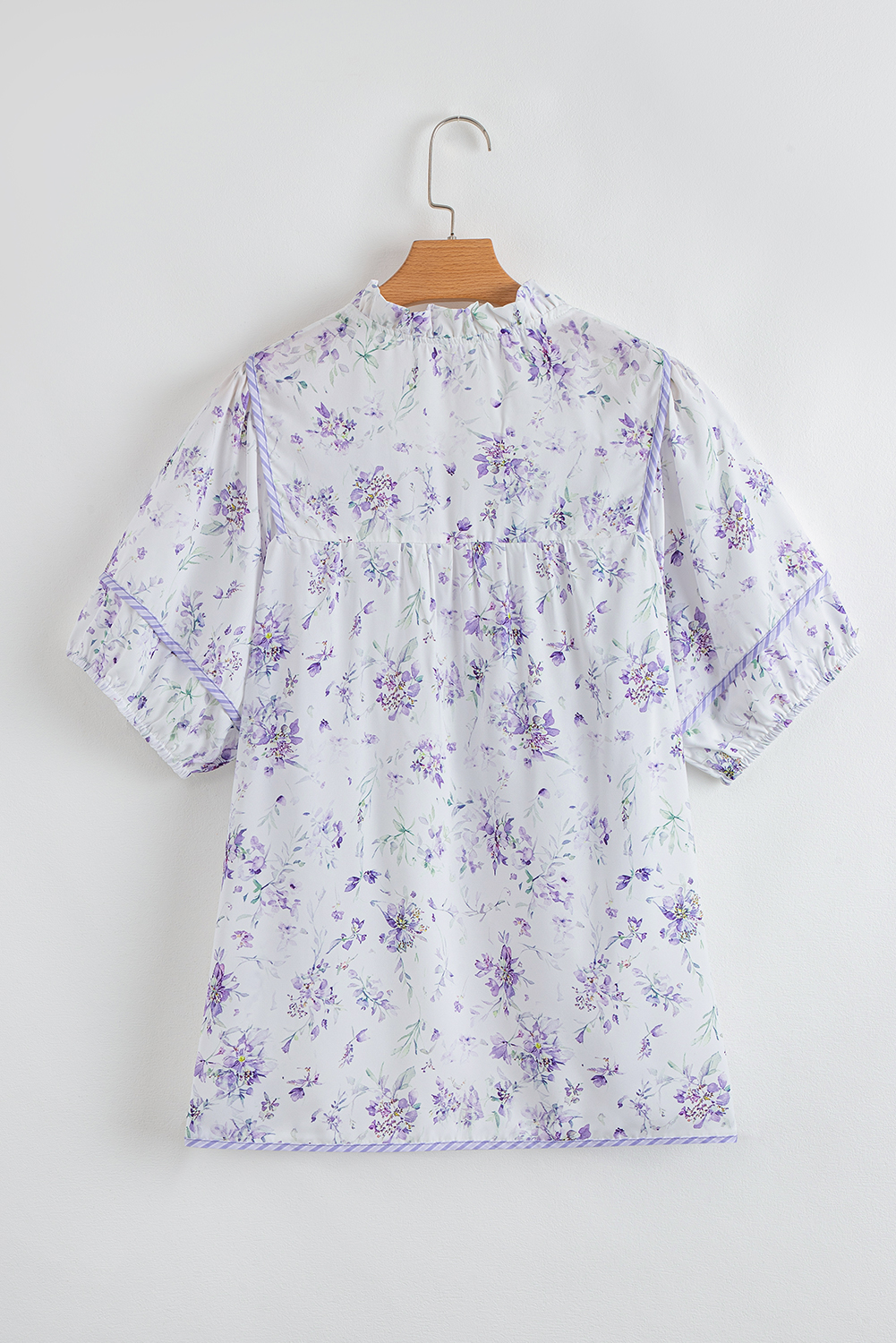 Plus Size Purple Floral Trimmed Detail Split Neck  Top