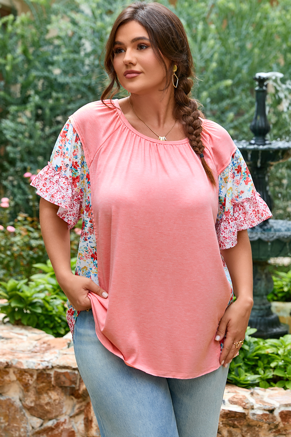 Plus Size Pink  Floral Patchwork Ruffled Short Sleeve Blouse