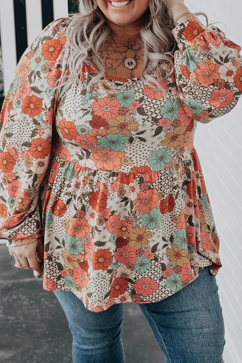 Plus Size Khaki Flower Print Square Neck Peplum Blouse
