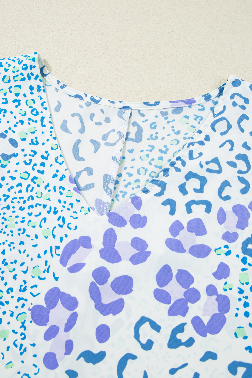 Plus Size Sky Blue Leopard Print Short Sleeve V Neck  Top