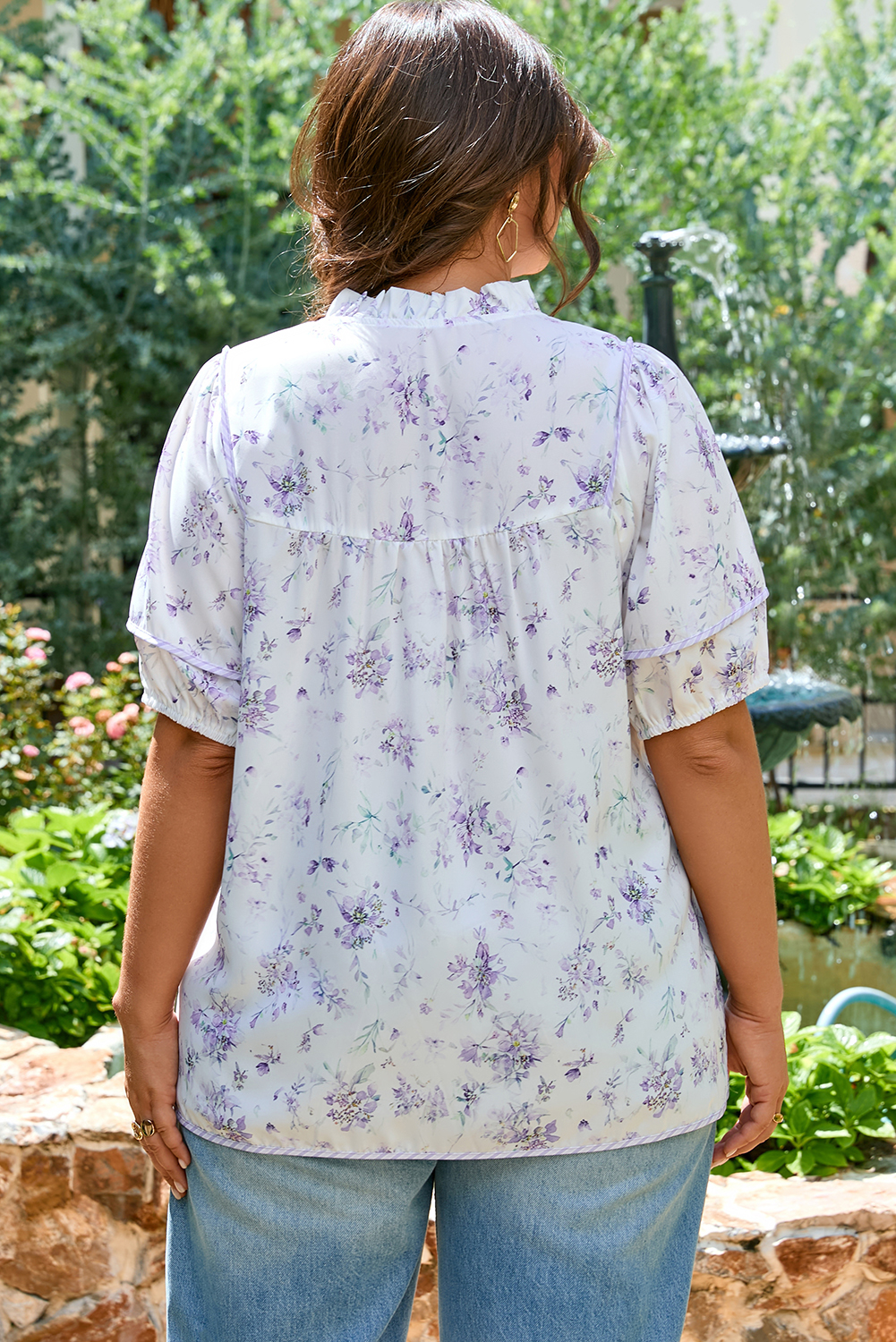 Plus Size Purple Floral Trimmed Detail Split Neck  Top
