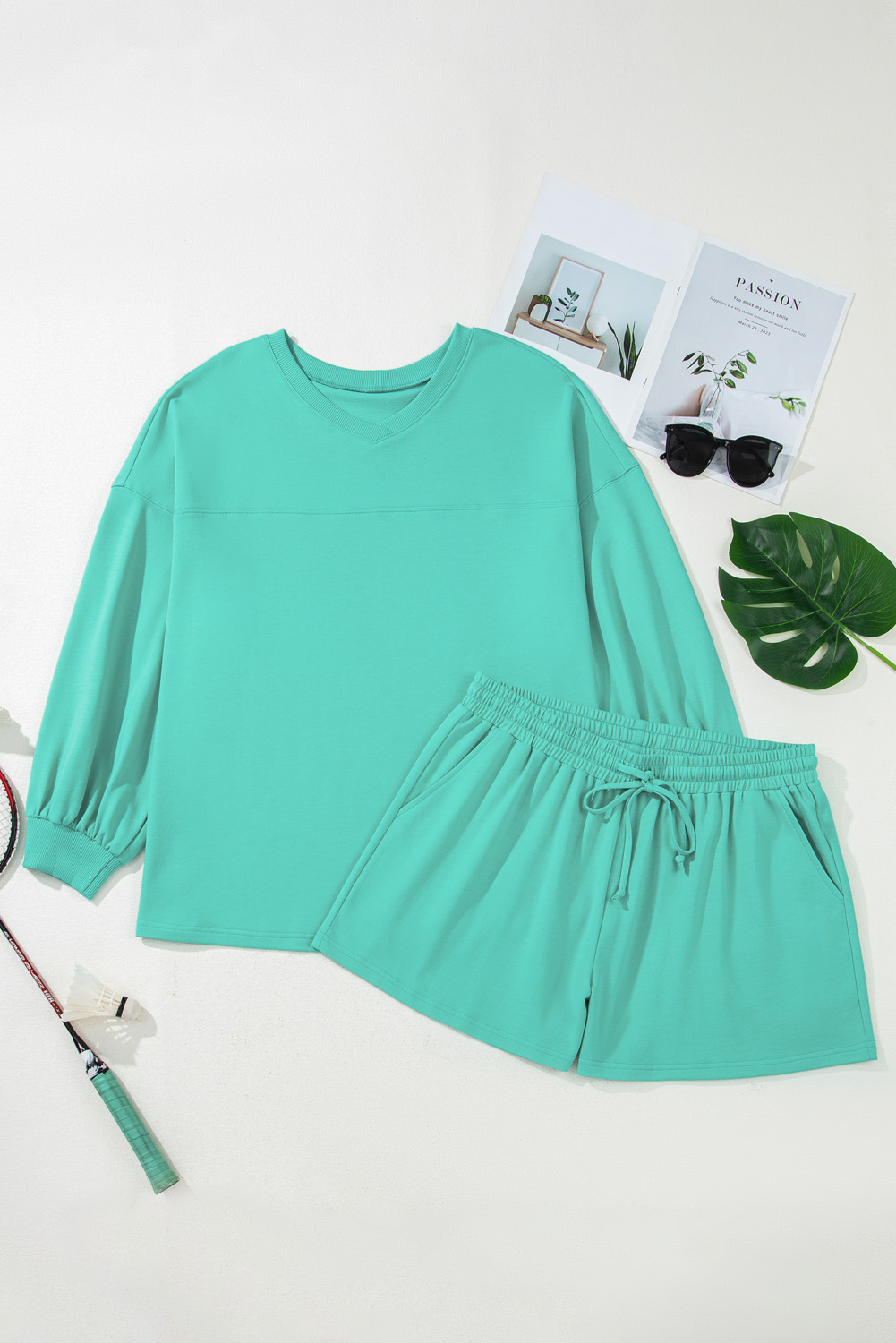 Plus Size Sea Green Drop Shoulder V Neck Pullover Top and Drawstring Short  Set