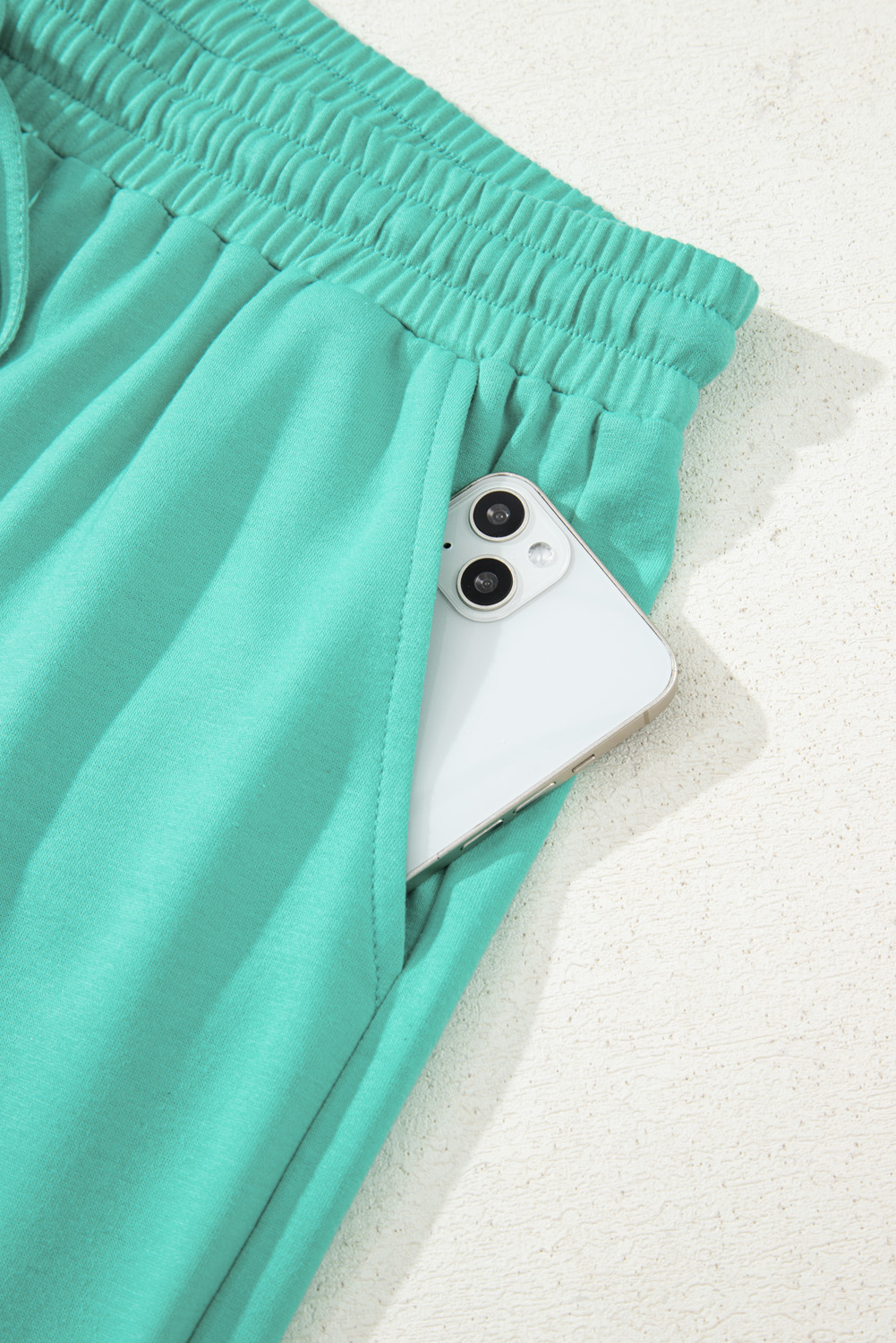 Plus Size Sea Green Drop Shoulder V Neck Pullover Top and Drawstring Short  Set