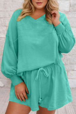 Plus Size Sea Green Drop Shoulder V Neck Pullover Top and Drawstring Short  Set