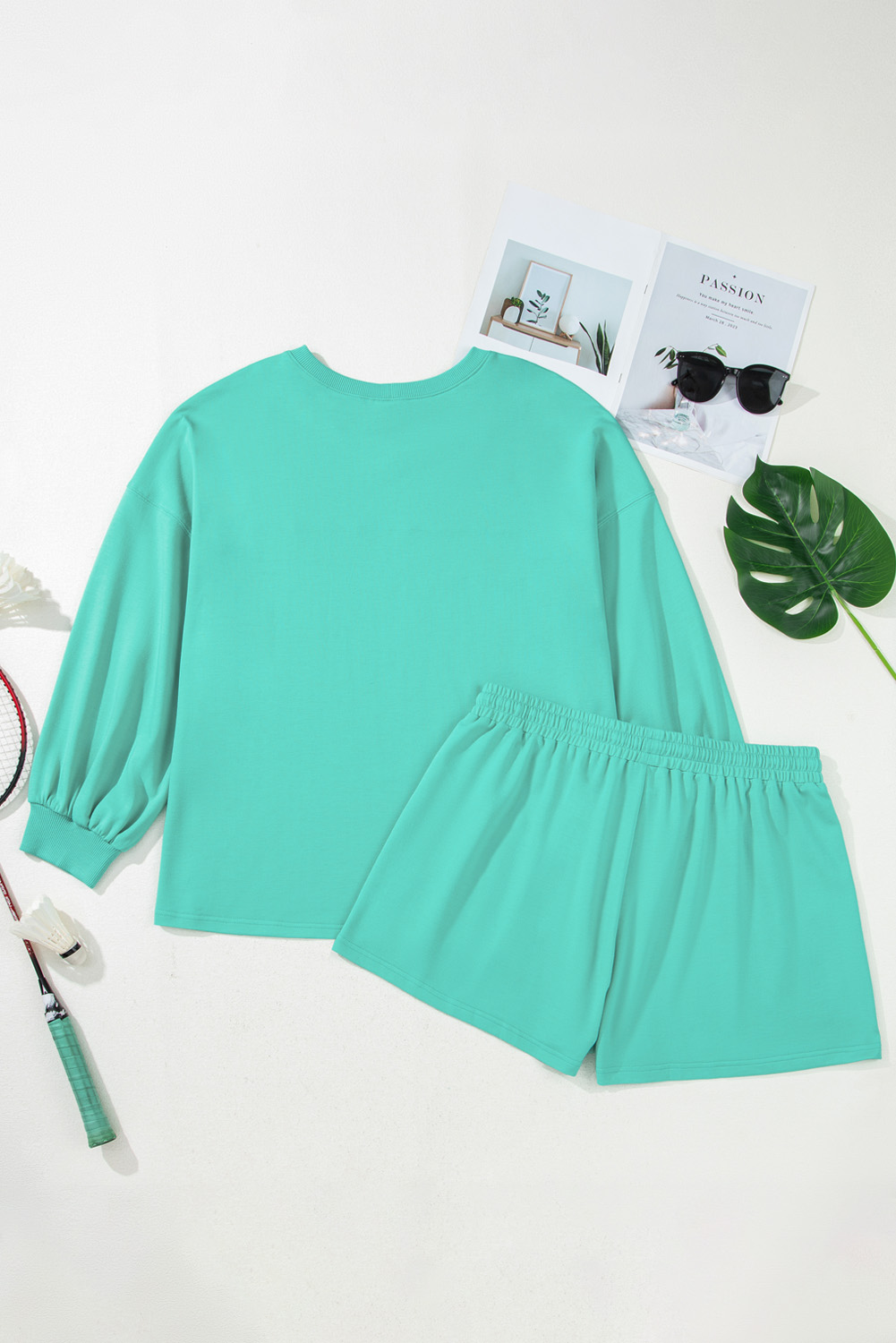 Plus Size Sea Green Drop Shoulder V Neck Pullover Top and Drawstring Short  Set