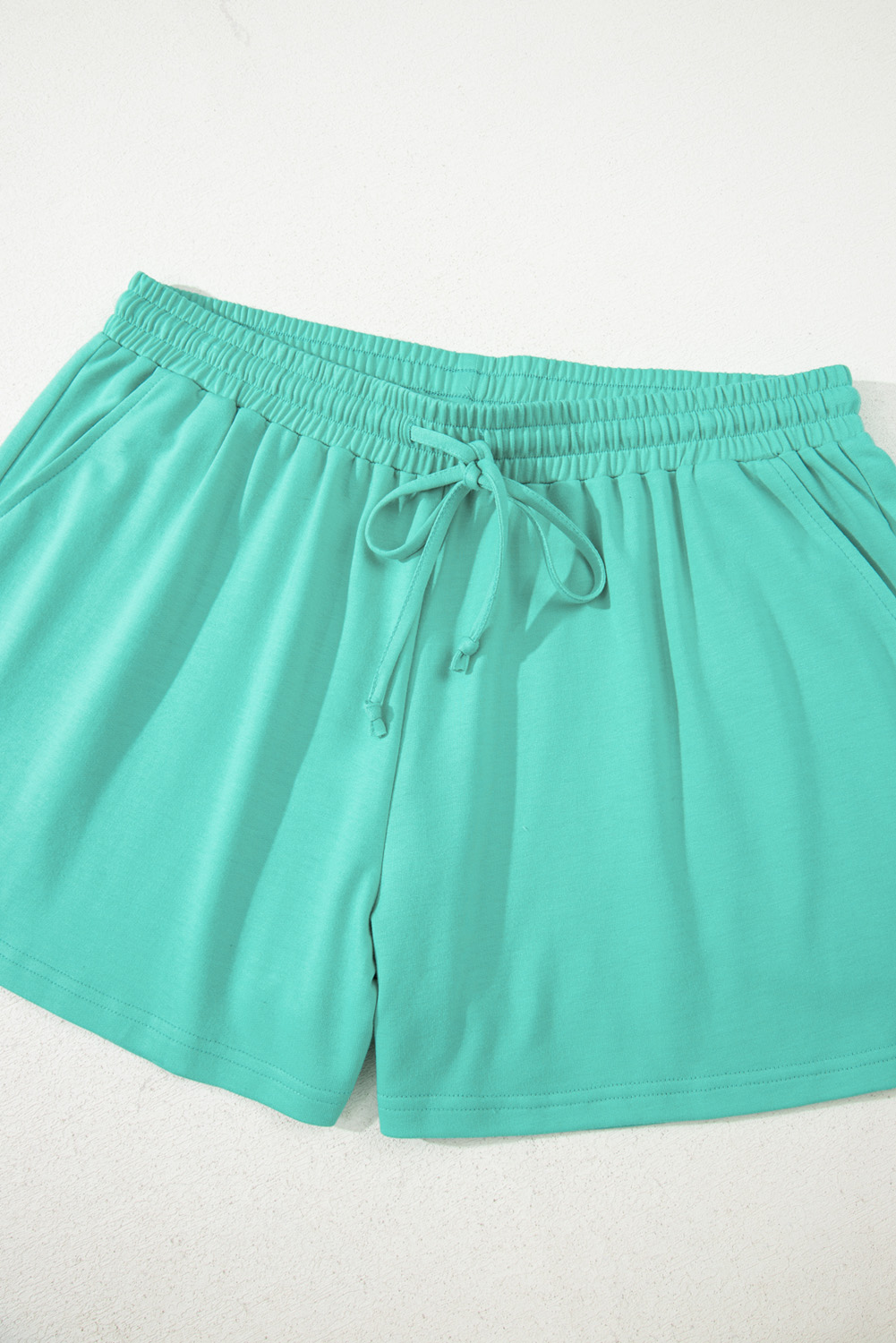 Plus Size Sea Green Drop Shoulder V Neck Pullover Top and Drawstring Short  Set