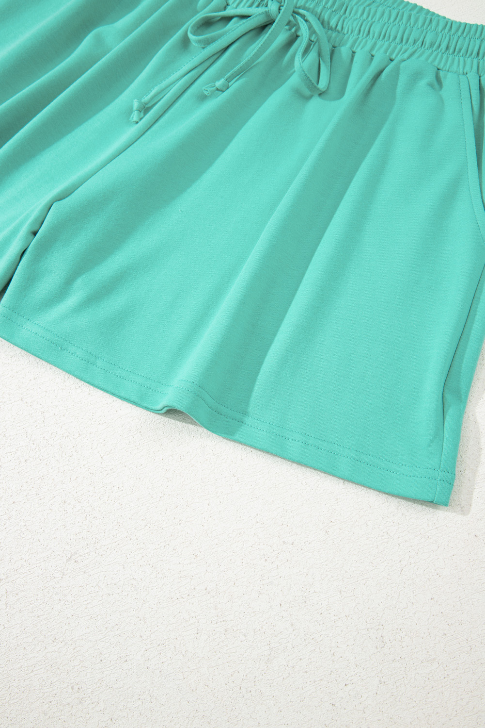 Plus Size Sea Green Drop Shoulder V Neck Pullover Top and Drawstring Short  Set