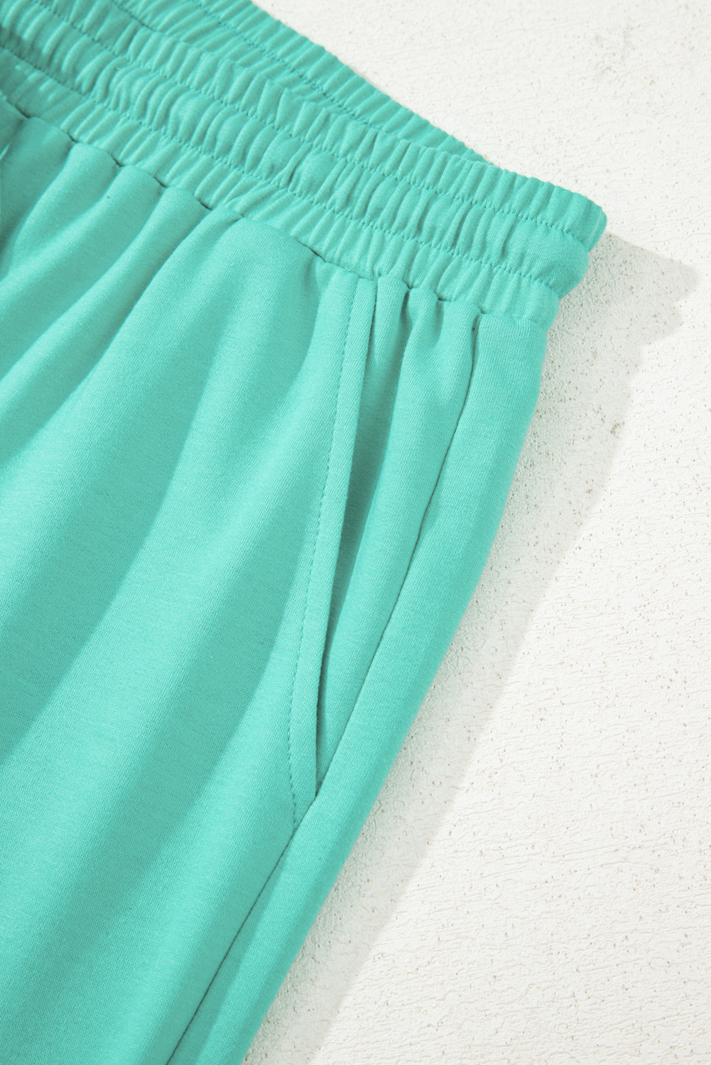 Plus Size Sea Green Drop Shoulder V Neck Pullover Top and Drawstring Short  Set