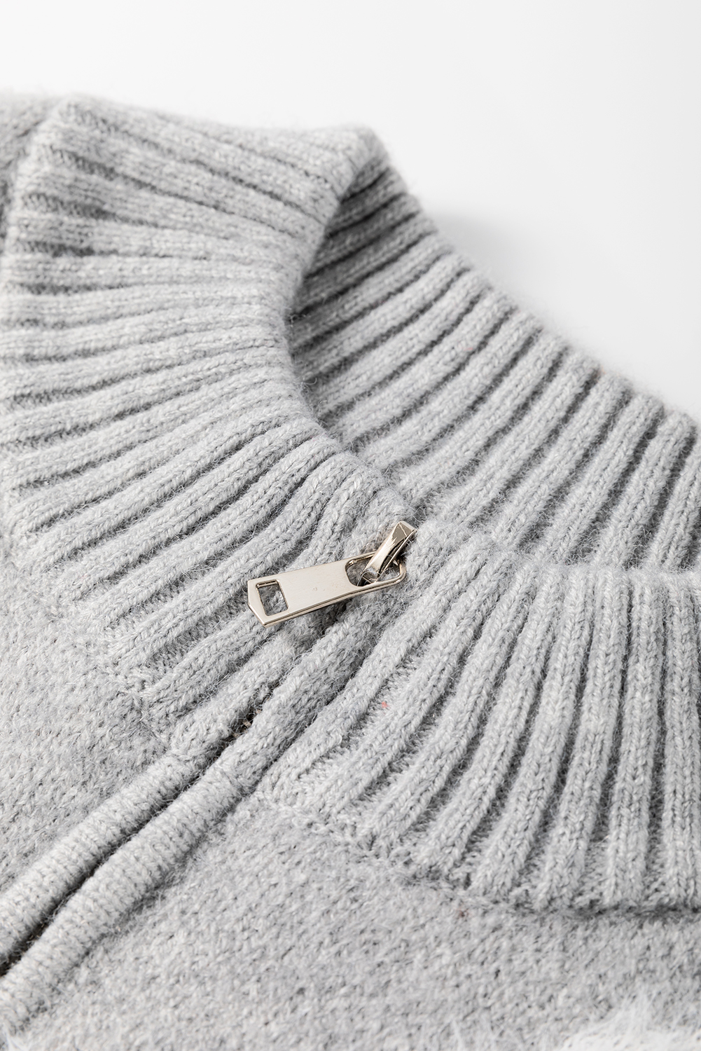 Plus Size Gray  Embroidered Floral Pattern Half Zip Sweater