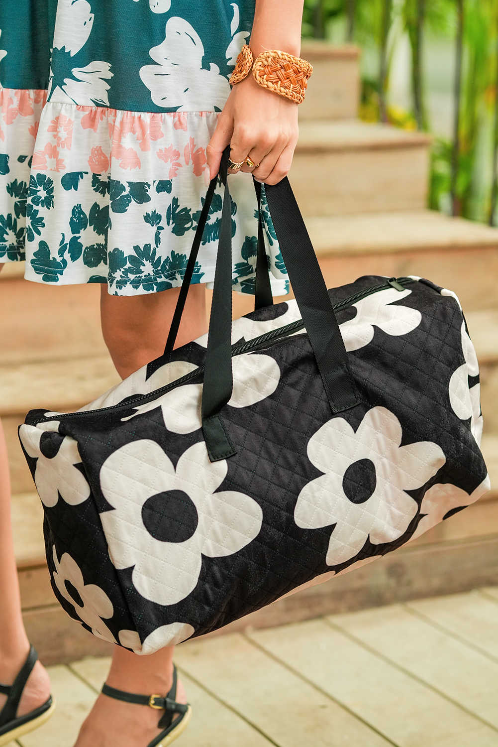 Black Flower Print Quilted Large Duffel Bag