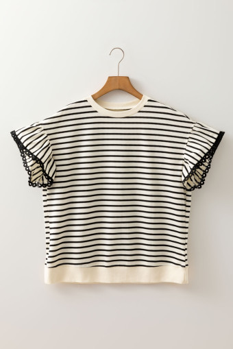 Plus Size Black Stripe Eyelet Trimmed Ruffled Short Sleeve  Top
