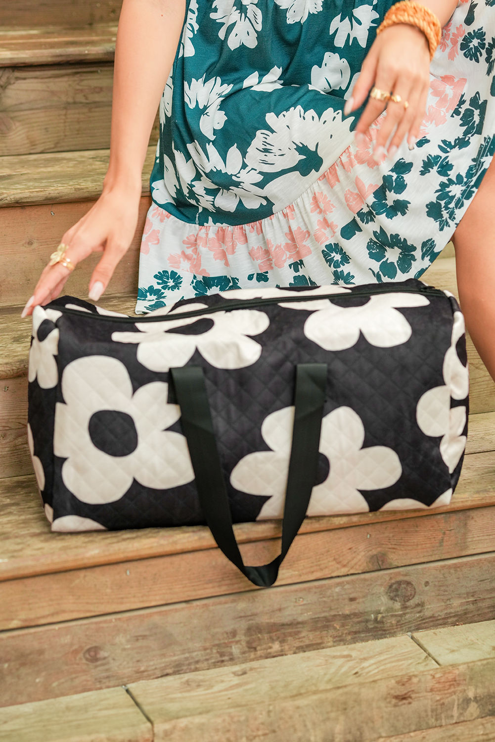 Black Flower Print Quilted Large Duffel Bag