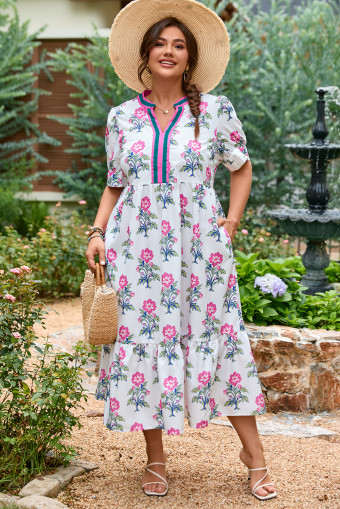 White Allover Print Contrast Split Neckline Short Puff Sleeve Curvy Dress