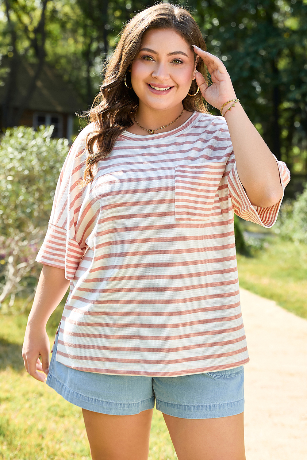 Plus Size Pink Stripe Waffle Knit Pocketed Half Sleeve  T Shirt