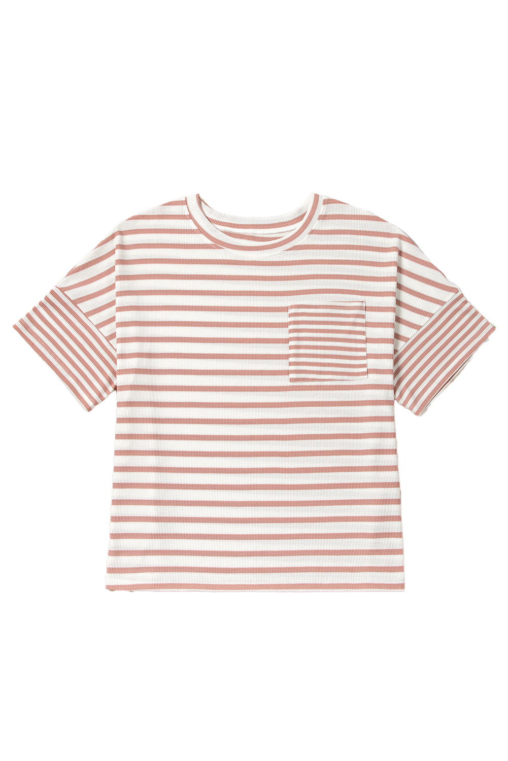 Plus Size Pink Stripe Waffle Knit Pocketed Half Sleeve  T Shirt