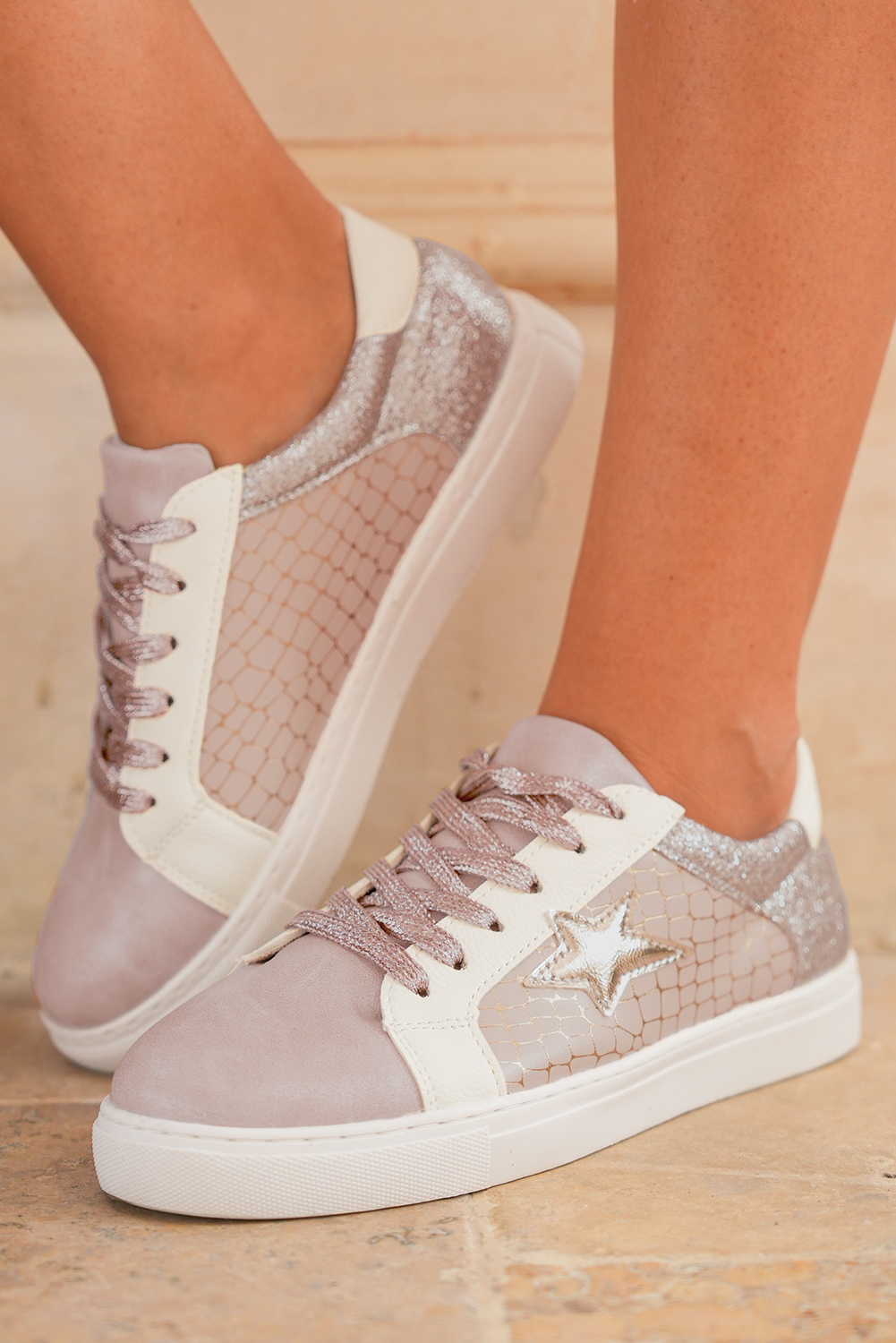 Dearlove Gold Glitter Star Patchwork PU Leather Lace-up Sneakers