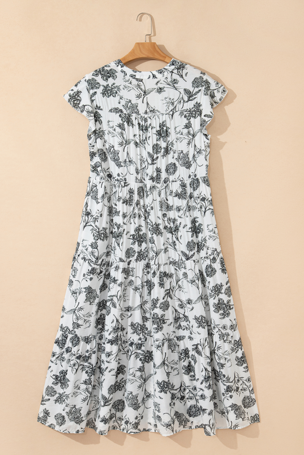 Plus Size Black Floral Print Piping Trim Notched Neck Ruffle Sleeve  Long Dress