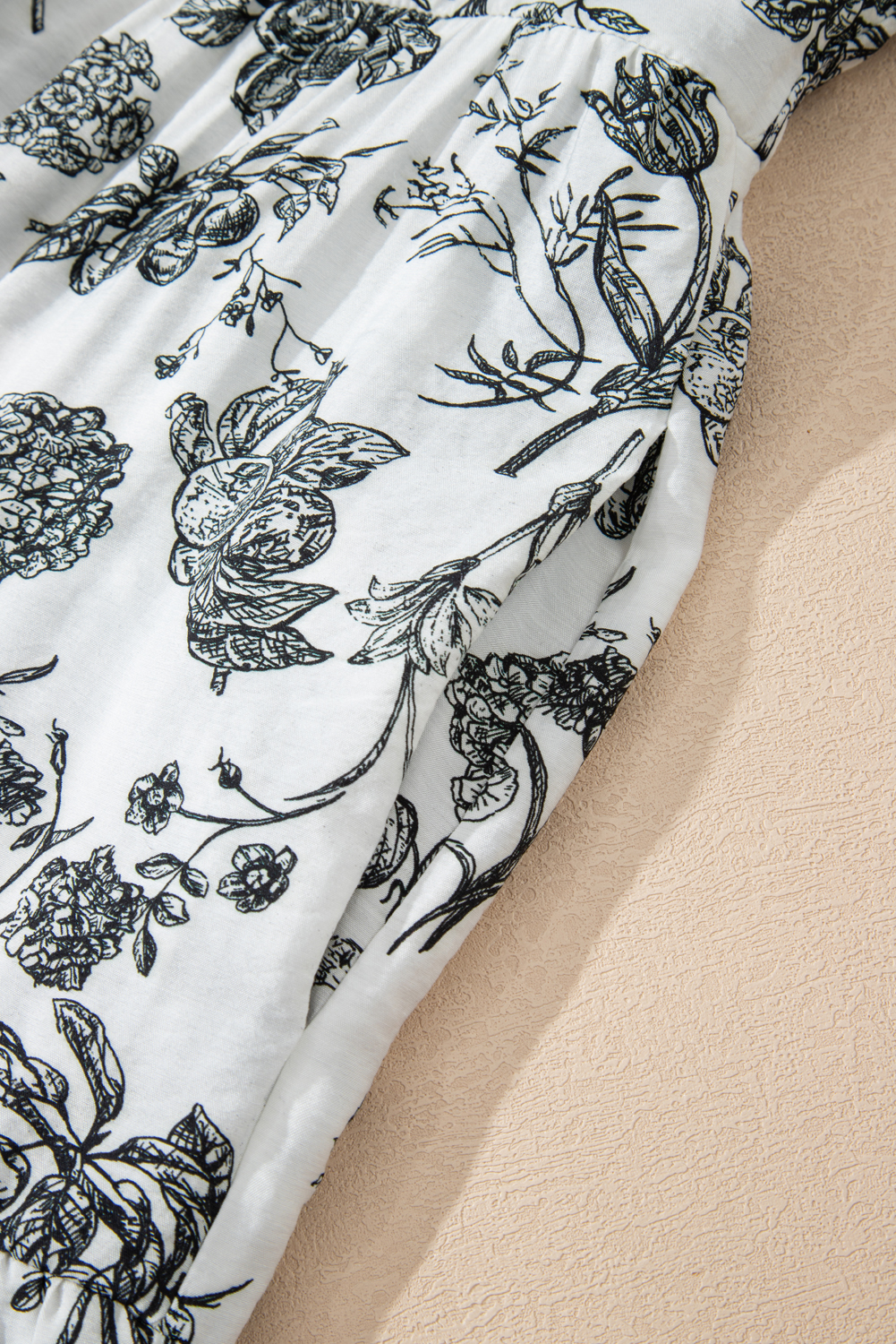 Plus Size Black Floral Print Piping Trim Notched Neck Ruffle Sleeve  Long Dress