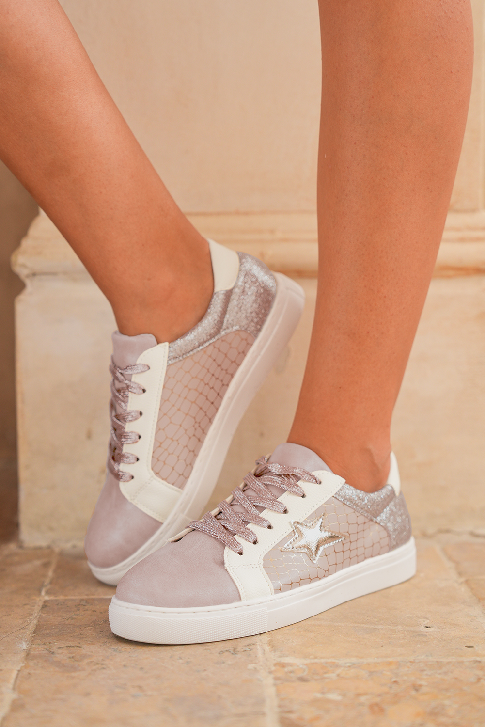 Dearlove Gold Glitter Star Patchwork PU Leather Lace-up Sneakers