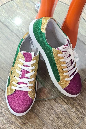 Blackish Green Mardi Gras Triple Color Sequin Lace up Flat Shoes