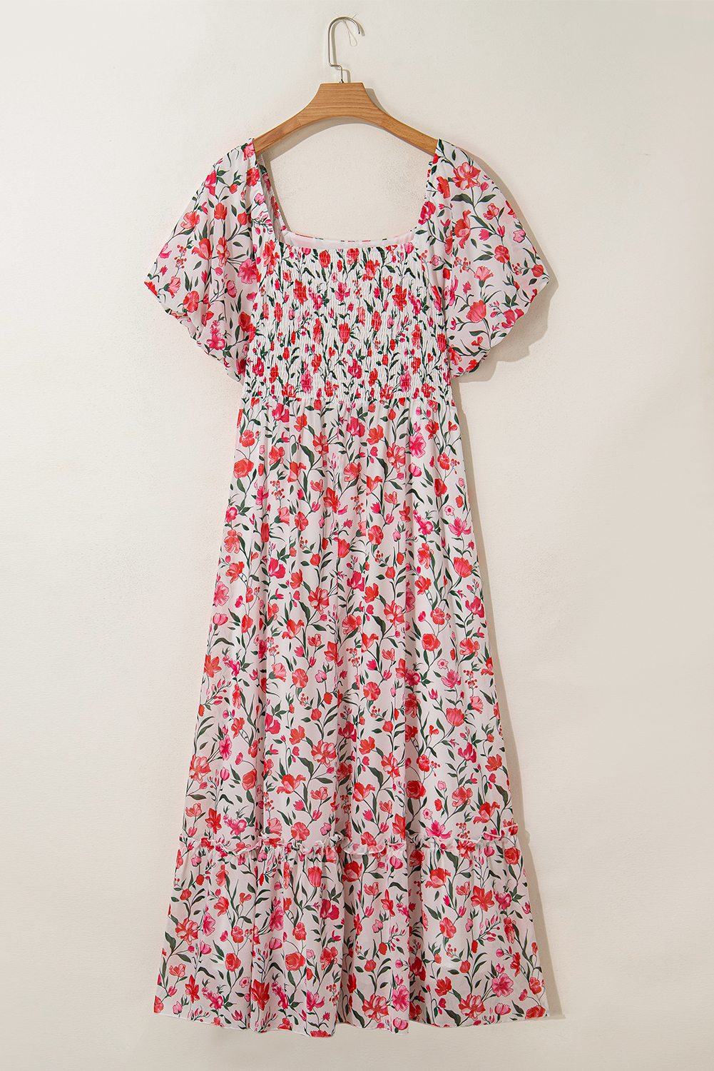 Plus Size Pink  Floral Square Neck Puff Sleeve Ruffle Maxi Dress
