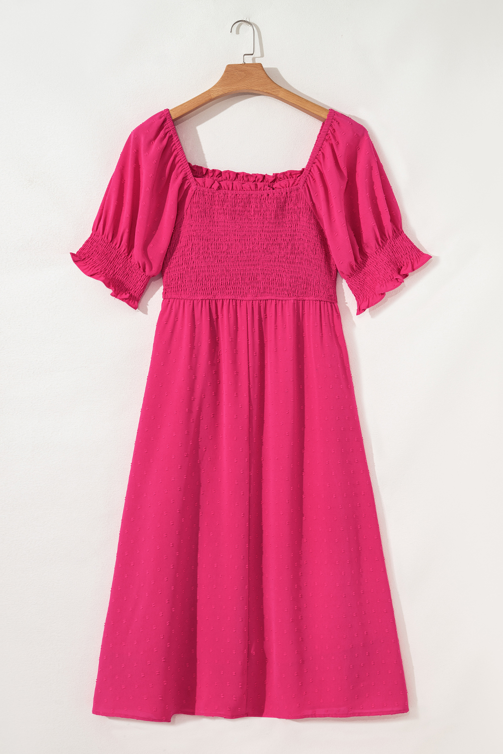 Plus Size Sachet Pink Swiss Dot Smocked Frilled Neckline Short Sleeve  Dress