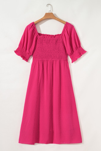 Plus Size Sachet Pink Swiss Dot Smocked Frilled Neckline Short Sleeve  Dress