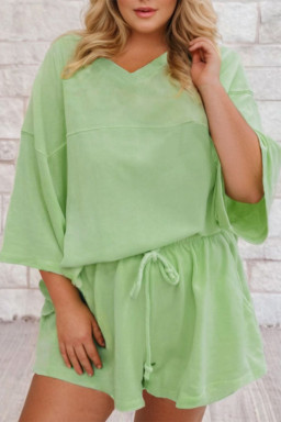 Plus Size Meadow Mist Green  V Neck Drop Shoulder Tee Loose Shorts 2pcs Outfit