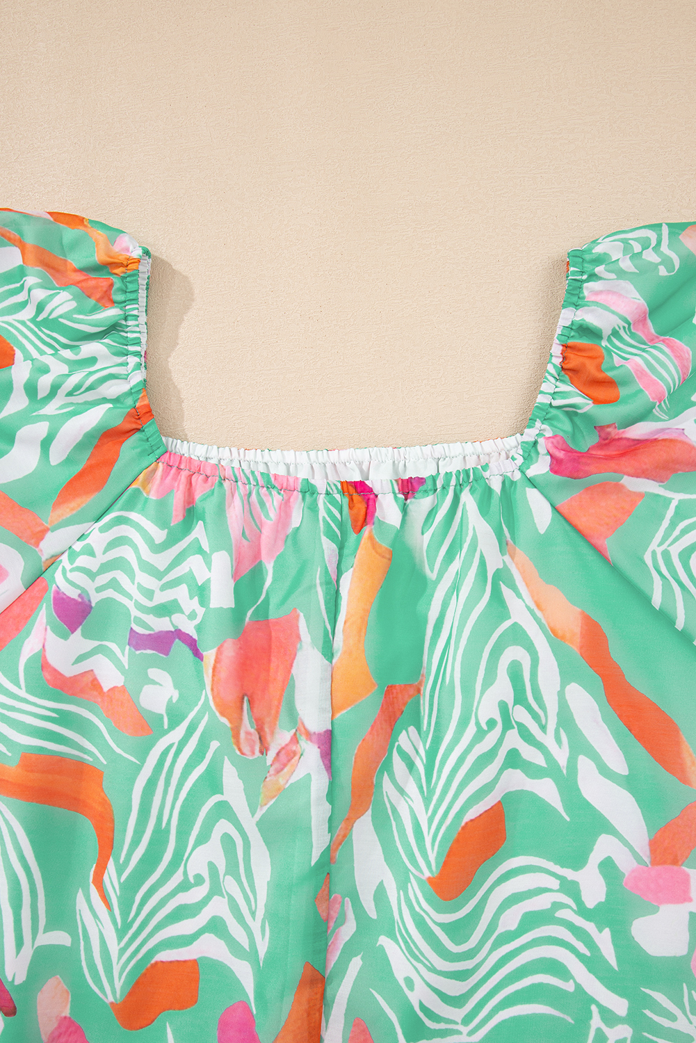 Green Tropical Boho Print Puff Sleeve Square Neck Loose Plus Blouse