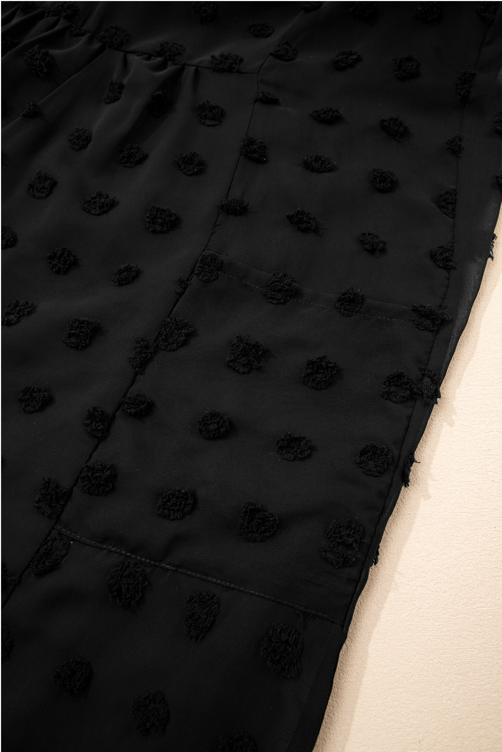 Black Dotty Textured Notched Neck Plus Ruffled Dress