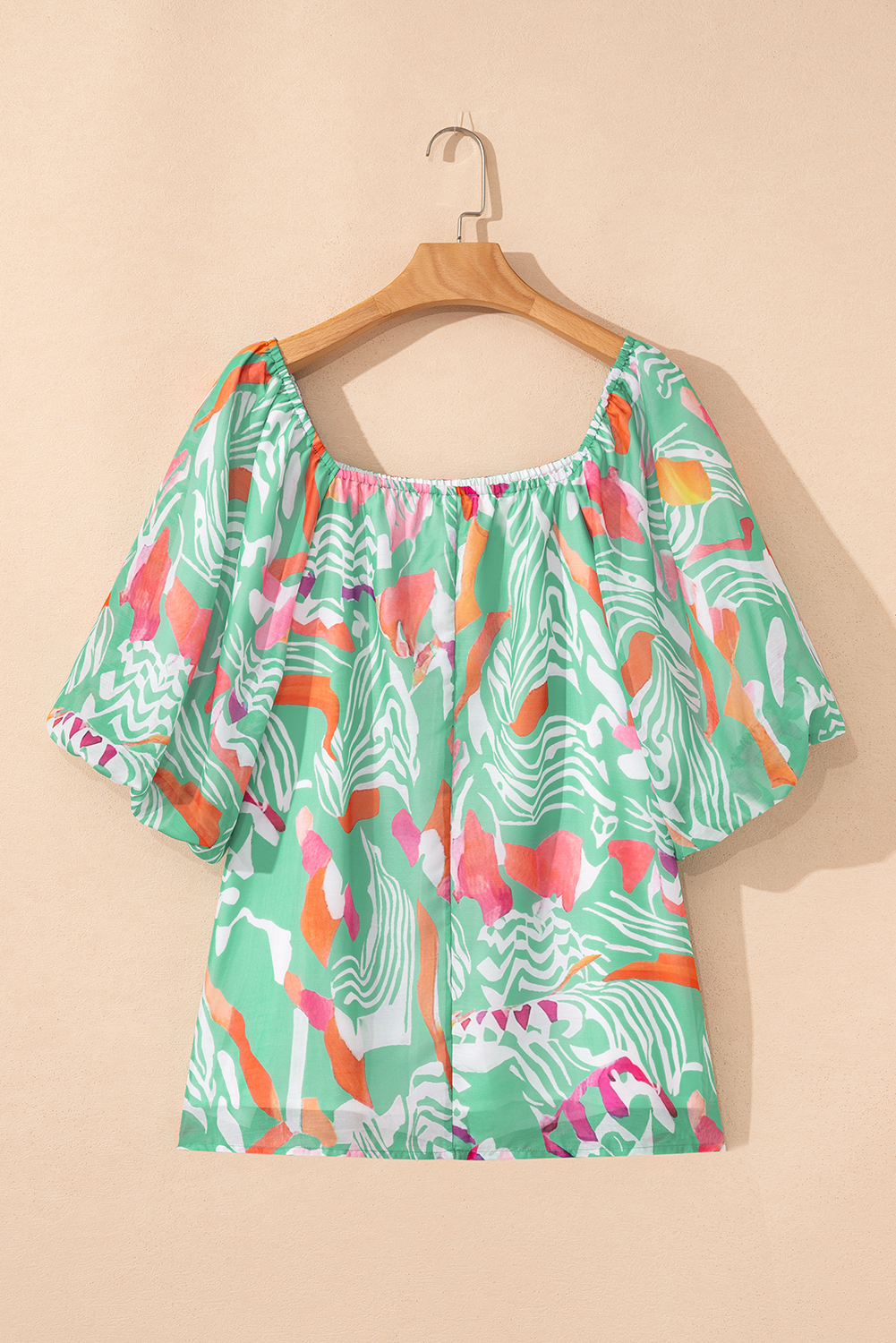 Green Tropical Boho Print Puff Sleeve Square Neck Loose Plus Blouse