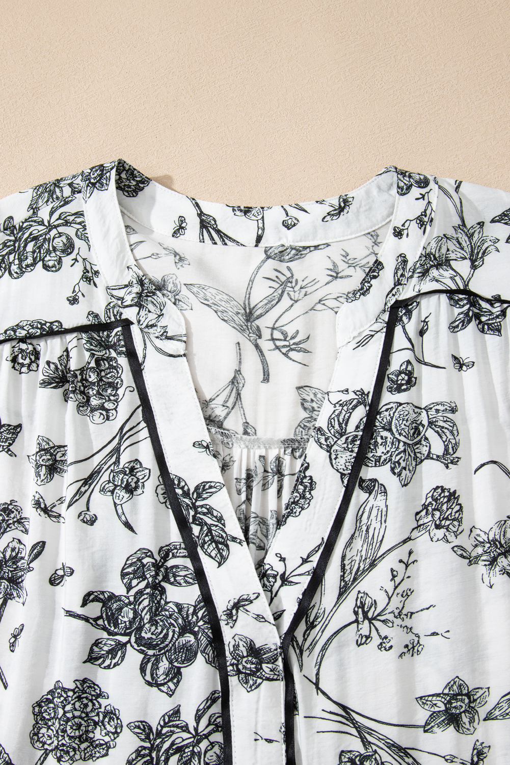 Plus Size Black Floral Print Piping Trim Notched Neck Ruffle Sleeve  Long Dress