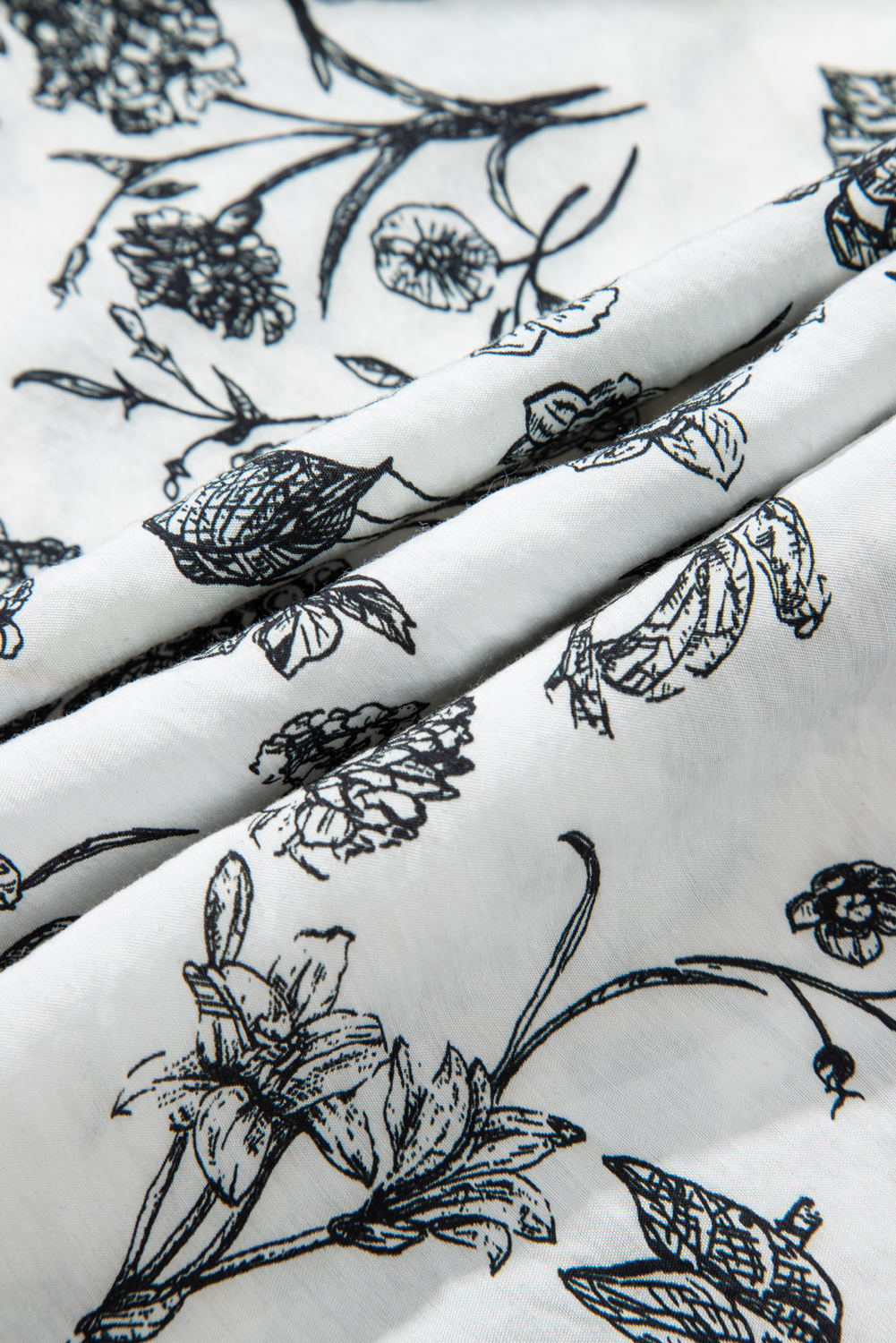 Plus Size Black Floral Print Piping Trim Notched Neck Ruffle Sleeve  Long Dress