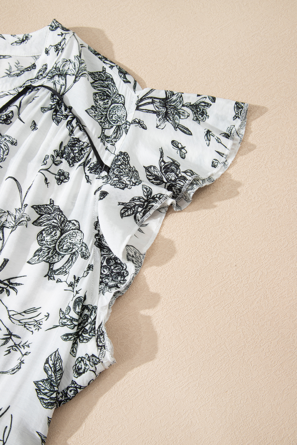 Plus Size Black Floral Print Piping Trim Notched Neck Ruffle Sleeve  Long Dress