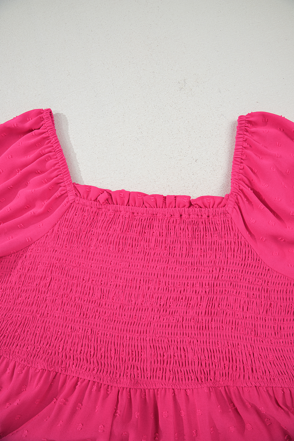 Plus Size Sachet Pink Swiss Dot Smocked Frilled Neckline Short Sleeve  Dress