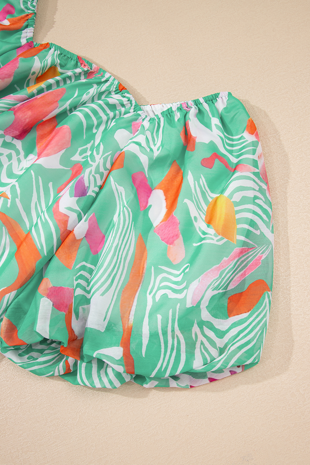 Green Tropical Boho Print Puff Sleeve Square Neck Loose Plus Blouse