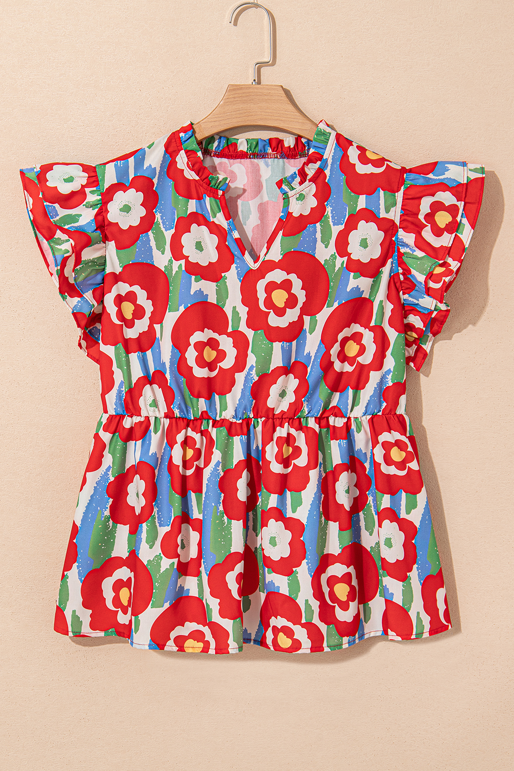 Plus Size Red  Floral Print Ruffle Trim Split Neck Peplum Top