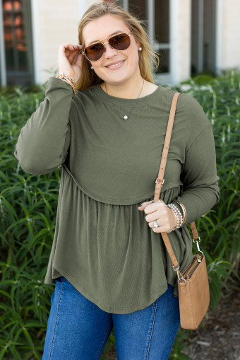 Plus Size Mist Green  Thermal Knitted Babydoll Flare Top
