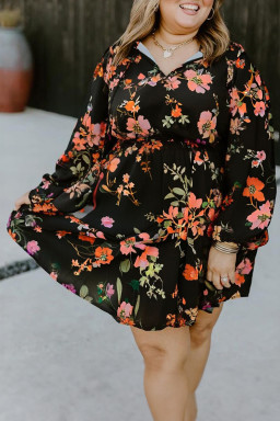 Plus Size Black  Floral Print Tie Neck Cinched Waist Long Sleeve Mini Dress