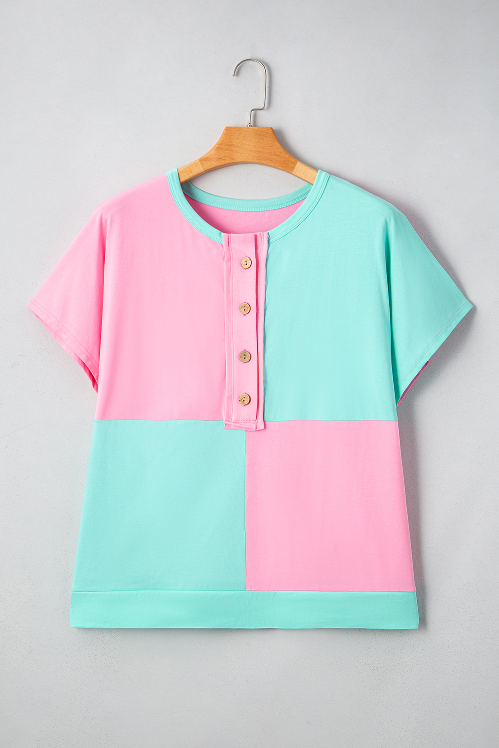 Plus Size Mint Green Colorblock Patchwork Short Sleeve Buttons  Henley Top
