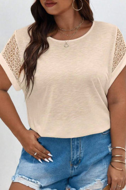 Plus Size Parchment Lace Patchwork Short Sleeve Round Neck  Summer Top