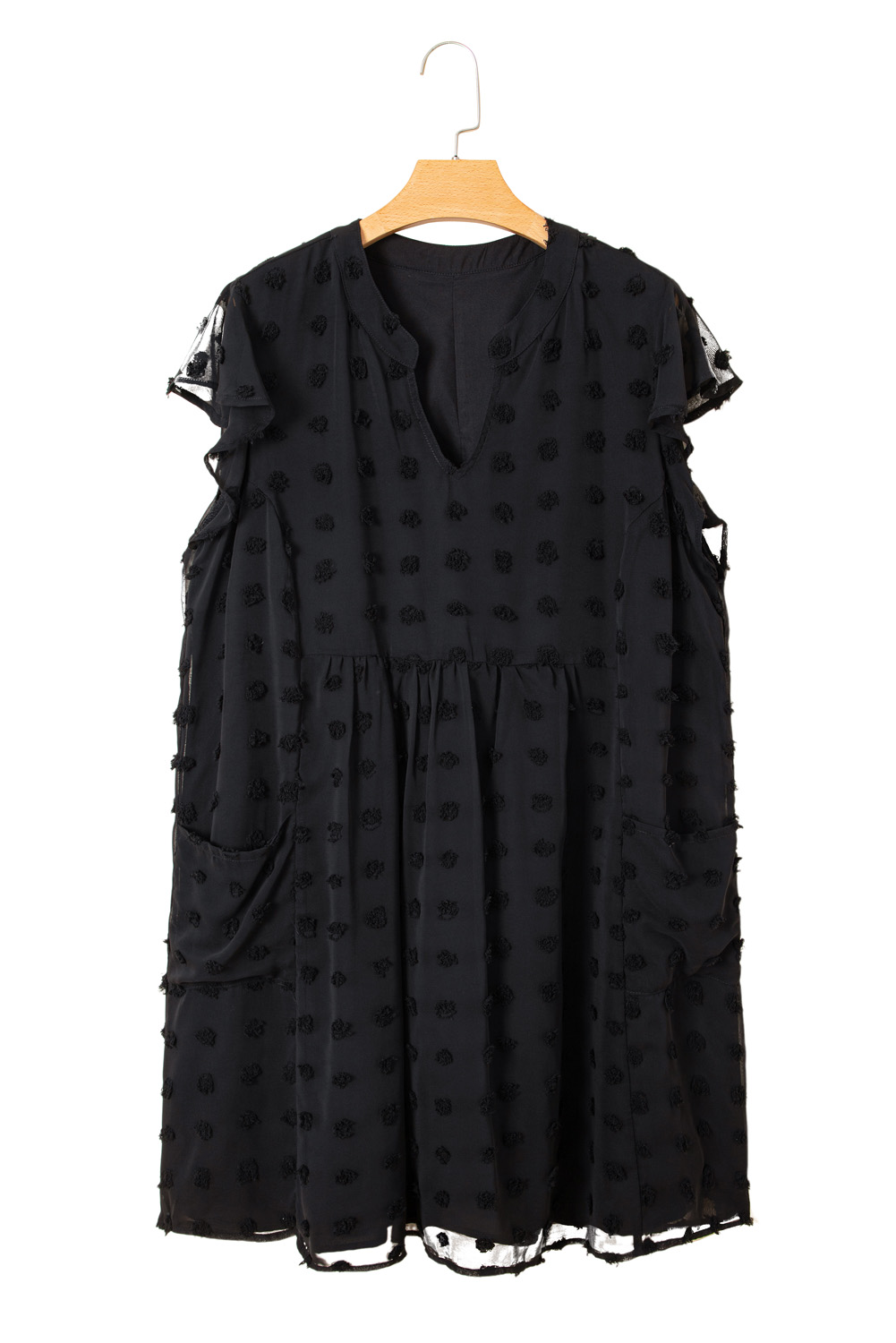Black Dotty Textured Notched Neck Plus Ruffled Dress