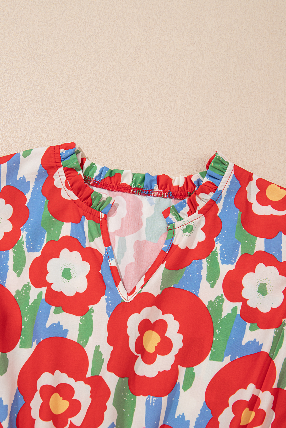 Plus Size Red  Floral Print Ruffle Trim Split Neck Peplum Top