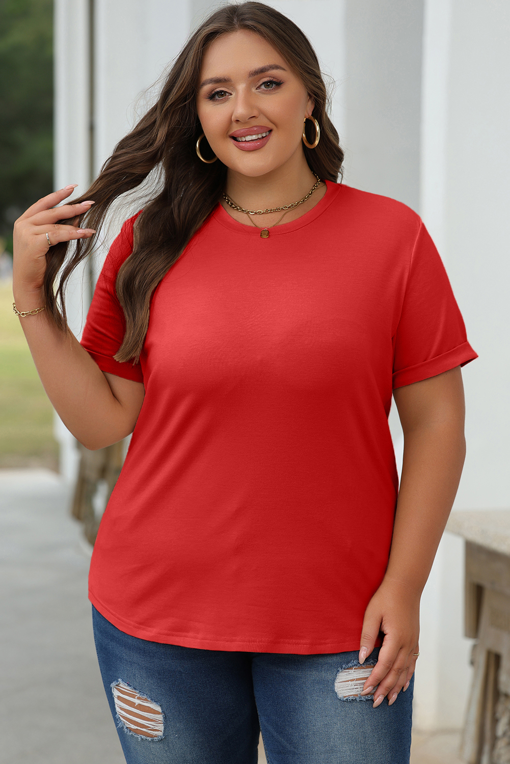Dearlove Red Casual Plain Crew Neck Tee