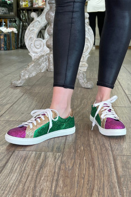 Blackish Green Mardi Gras Triple Color Sequin Lace up Flat Shoes