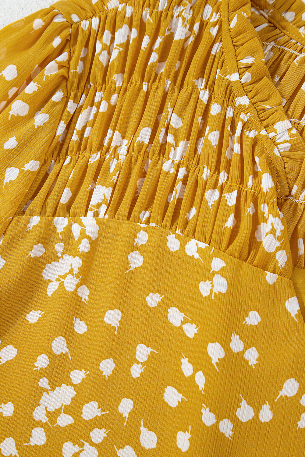 Plus Size Yellow  Floral Print Ruched Split Neck Blouse