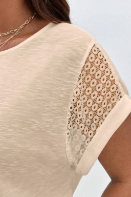 Plus Size Parchment Lace Patchwork Short Sleeve Round Neck  Summer Top