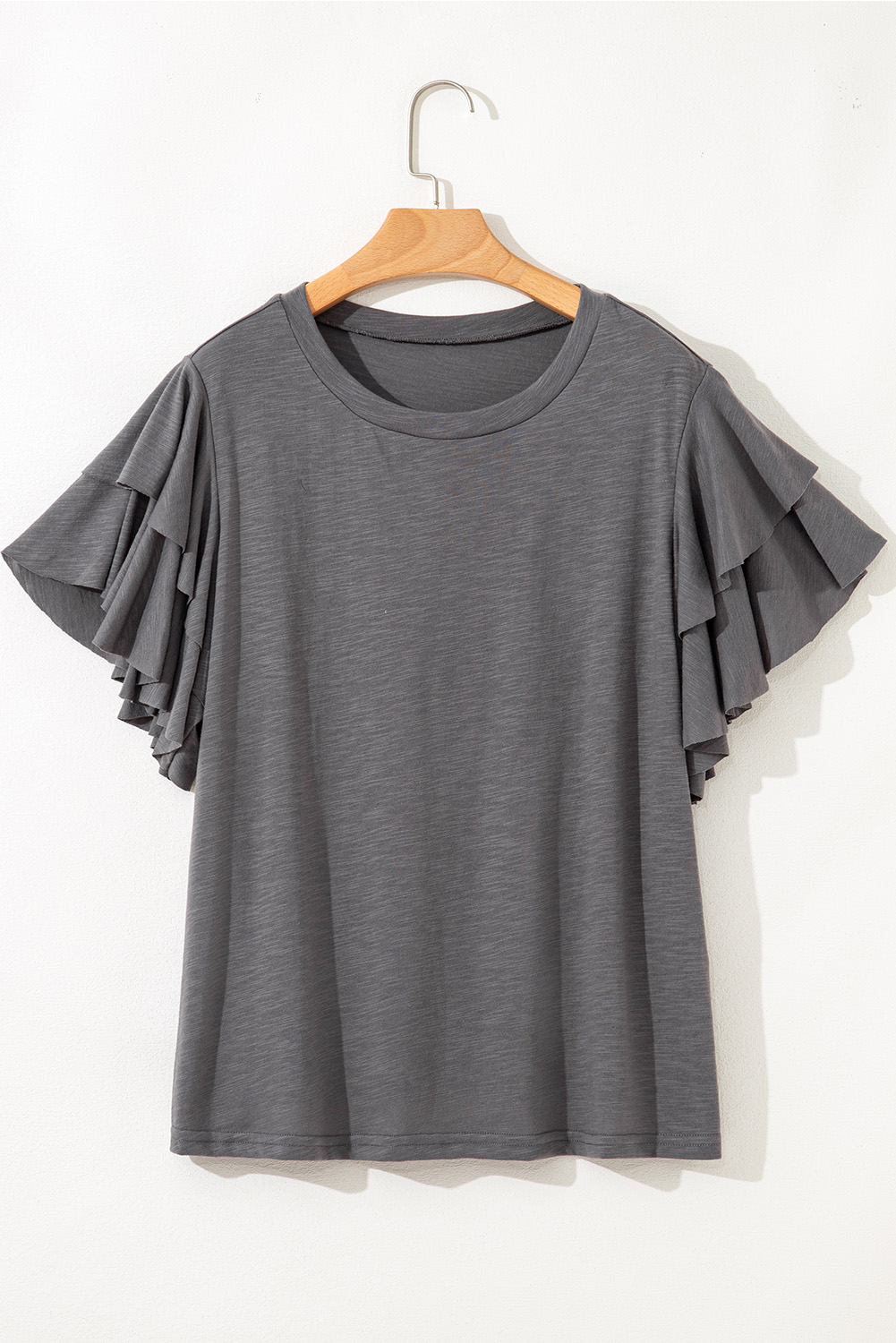 Plus Size Dark Grey Double Ruffled Short Sleeve  Top