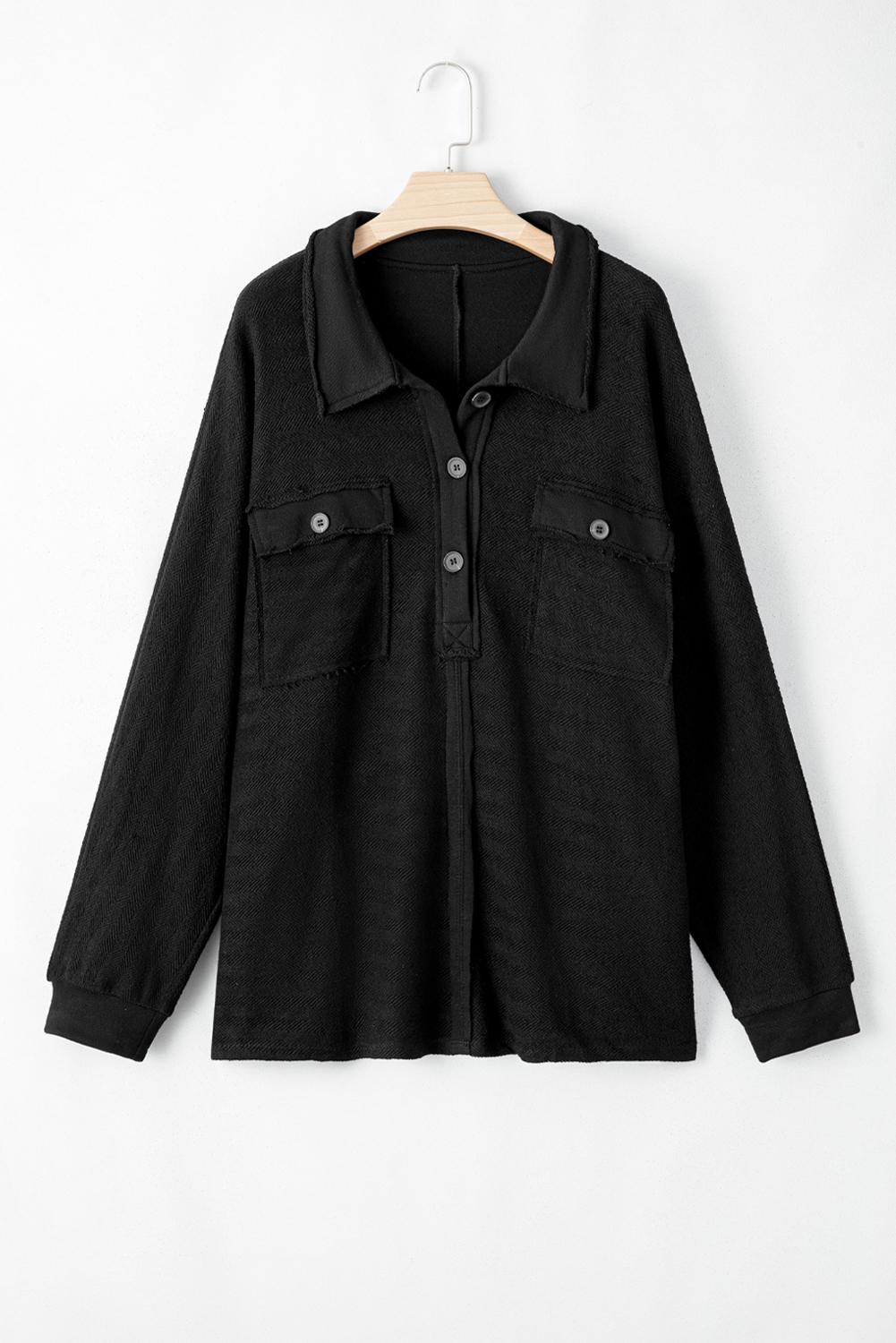 Plus Size Black  Long Sleeve Flap Pocket Henley Top